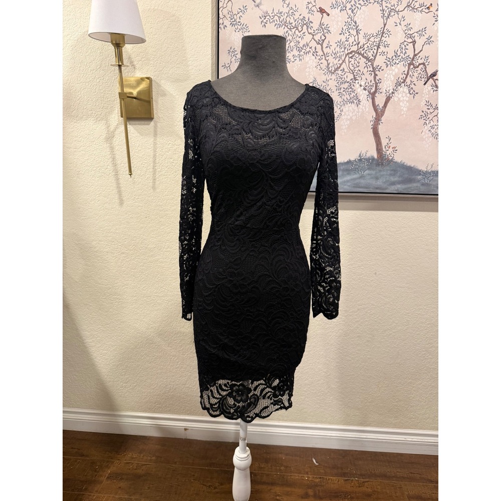 Ambiance Women Black Floral Lace Long Sleeve Dress Small LBD‎